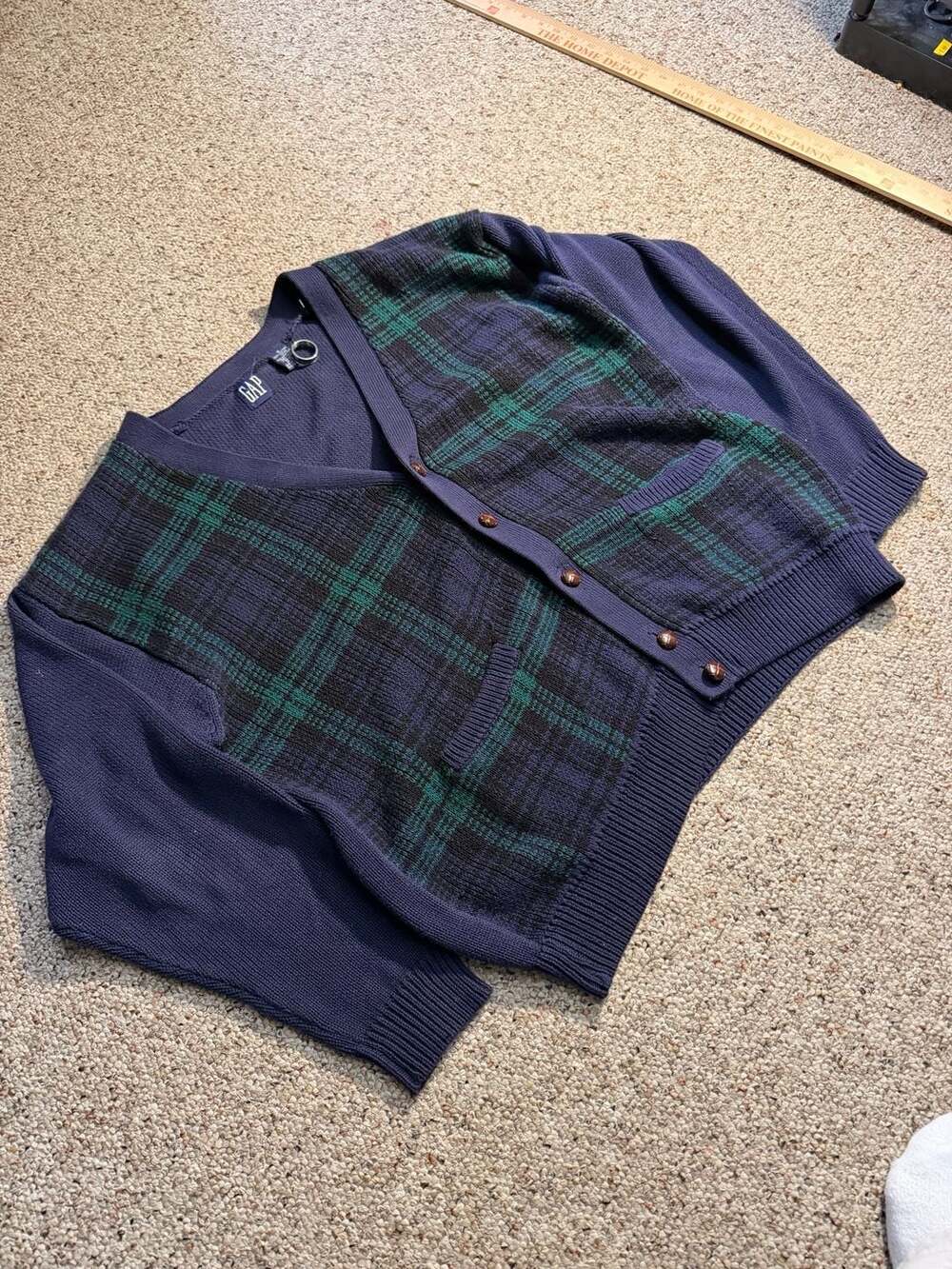 Vintage 90s GAP Black Watch Tartan Plaid 100% Cotton Knit Cardigan Sweater